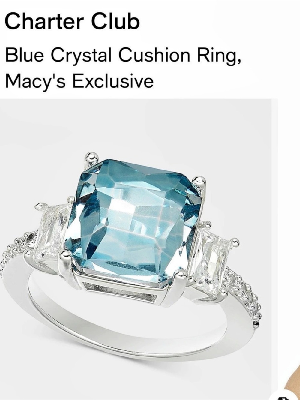 Charter Club Blue Crystal Cushion Ring Blue & Silver